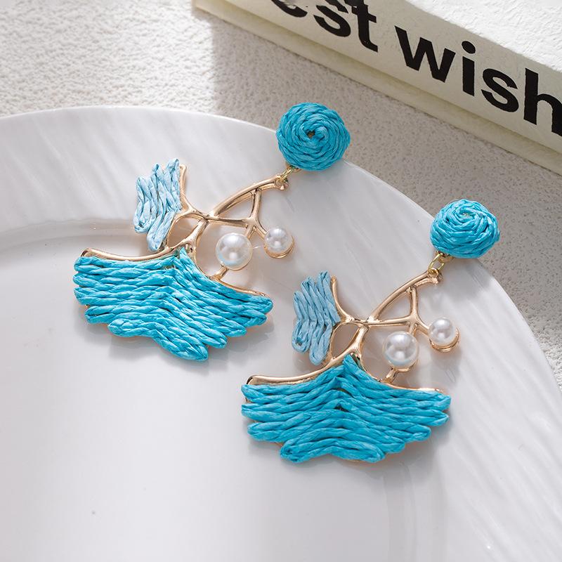 Dopamine Colored Leaves Hand-Woven Raffia Earrings Women'S Vacation Wind Sweet Temperament Unique Earrings Earrings