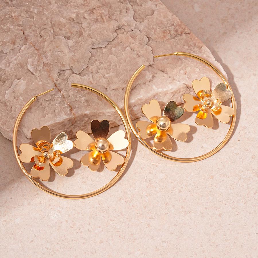 

Geometric Metallic Flower Hoop Earrings - Sterling Silver, Elegant Design for Women