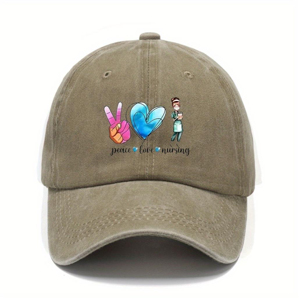 Peace Love Nursing Graphic Print Washed Baseball Cap Vintage Distressed Adjustable Sun Hat Unisex