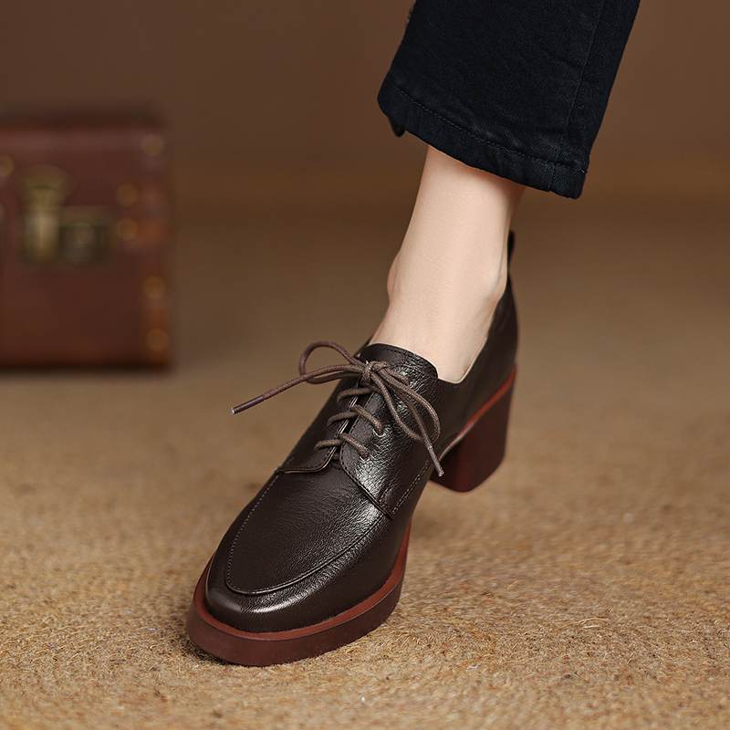 Krazing Pot Sheepskin Autumn Winter Shoes Chunky Heels Size 43 Size 42 Round Toe Lace Up Deep Mouth Retro Fashion Pumps