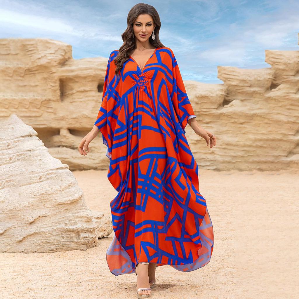 2025 European & American Cotton Printed Beach Dress Women's Long Loose Cover-Up with Sun Protection
