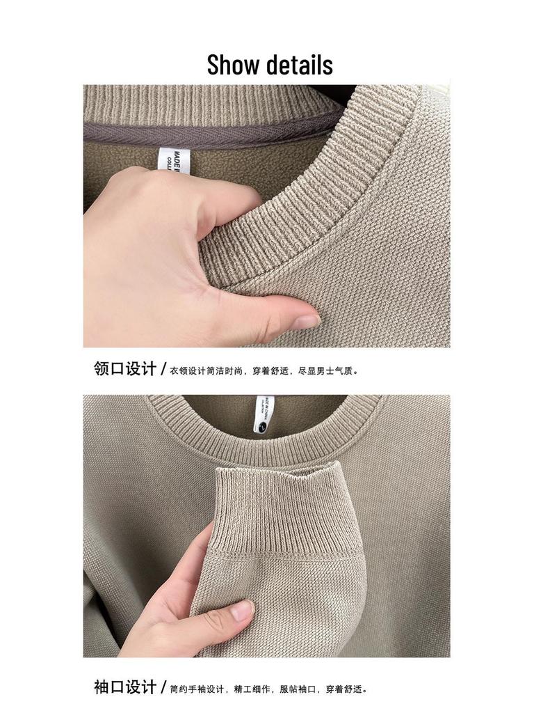 Men's Winter Warm Velvet Knit Pullover Sweater - Solid Color, Round Neck, Versatile Layer