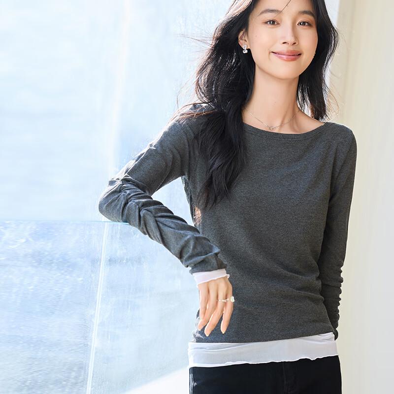 VICTORIA&VERA Women's Pleated Faux Two-Piece Long Sleeve Top