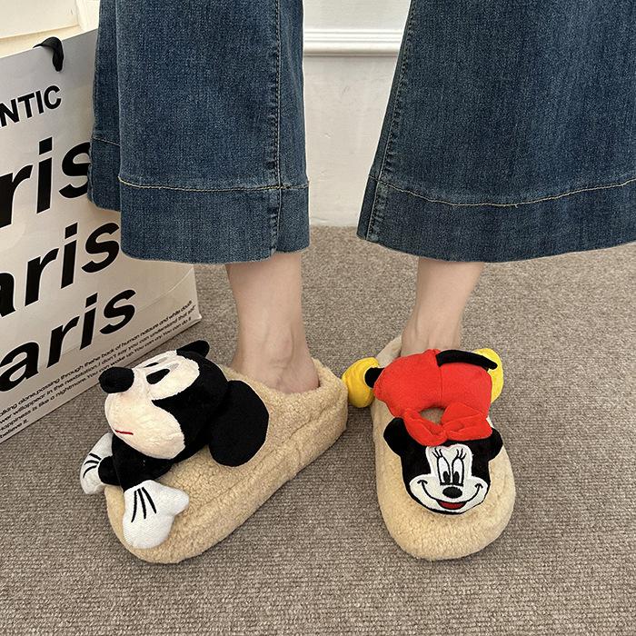 Cartoon Three-dimensional Mickey Cotton Slippers Women's 2025 New Autumn and Winter Indoor Home Warmth Outer Wear Thick-soled Fluffy Slippers