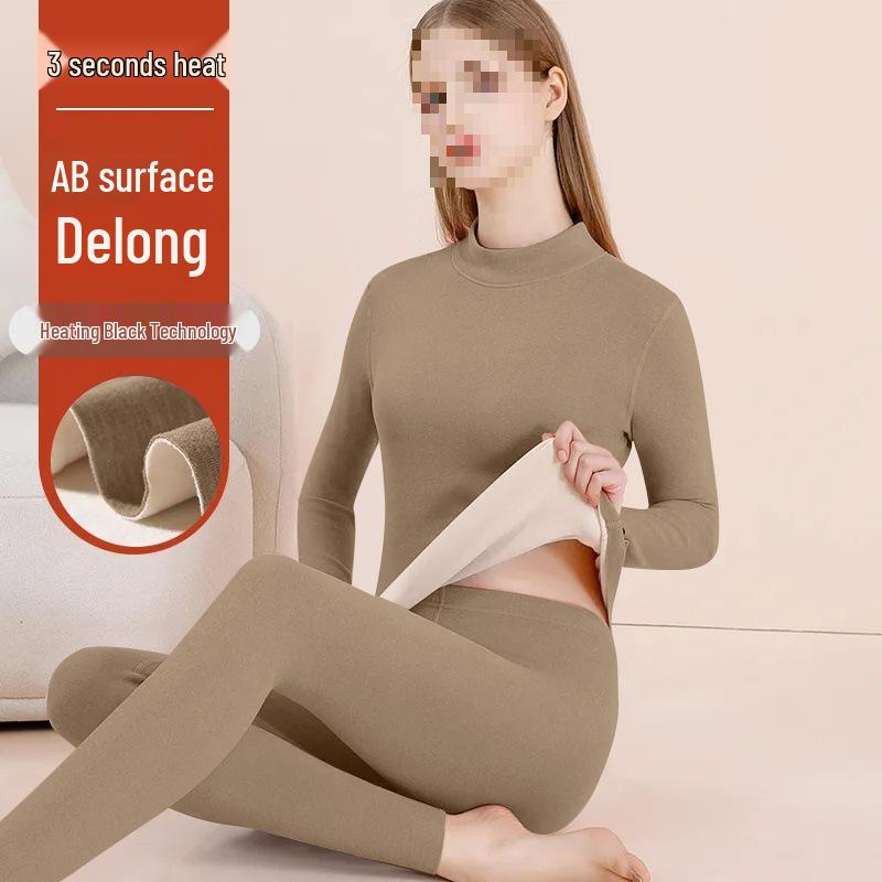 Women's Fleece-Lined Thermal Underwear Set - Semi-High Neck, Thick Base Layer for Autumn & Winter