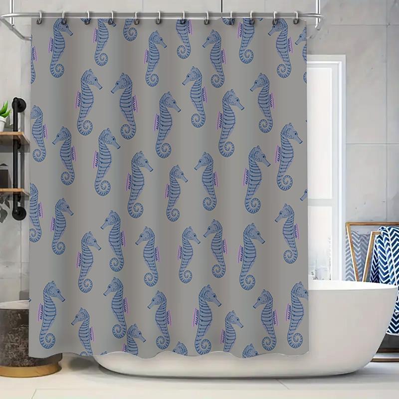 

Seahorse Blue Shower Curtain For Bathroom Decor, Polyester Fabric With Pattern Print 3D Embossed Seashells In Pink Purple Color W60H190(CM)-1 Pcs