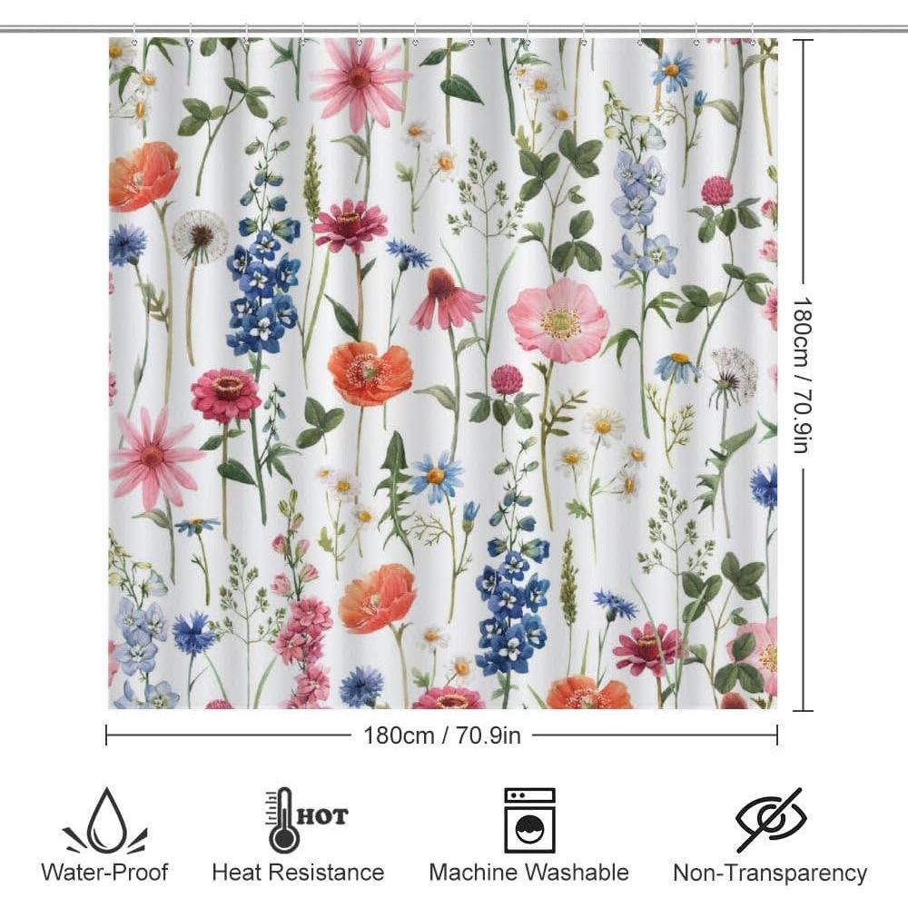 Flower Watercolor Field Flower Shower Curtain With 4 Pieces Absorbent Bathroom Mat Bathroom Curtain With Soft Bath Wheel U-Shaped Mat