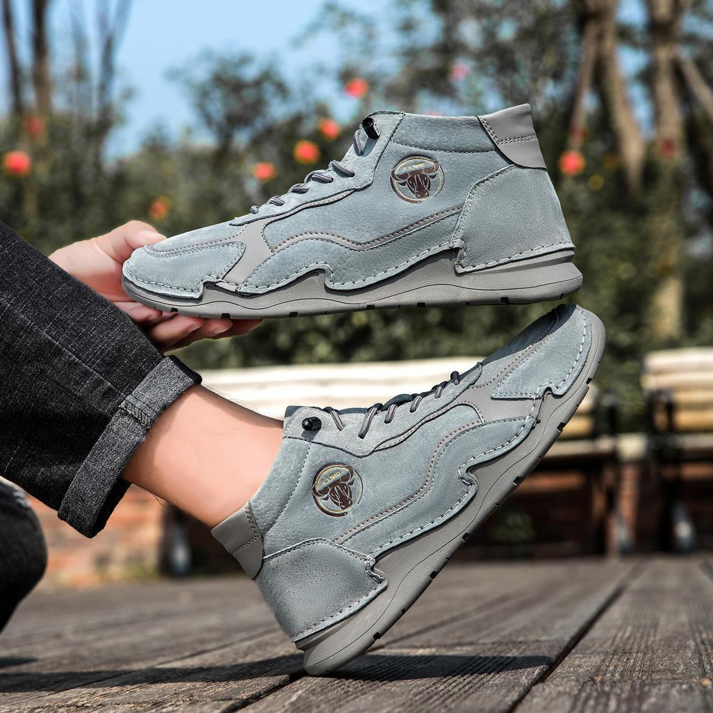 Men's Shoes Split Leather Shoes Lace Up Outdoor Casual Shoes Comfortable Flat Shoes Fashion Sneakers