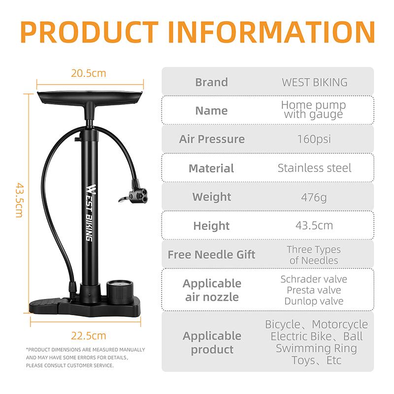 WEST BIKING Bicycle Pump 160PSI Road Mountain Bike Steel Air Pump with Gauge Presta Schrader Valve Tire Inflator Cycling Tools