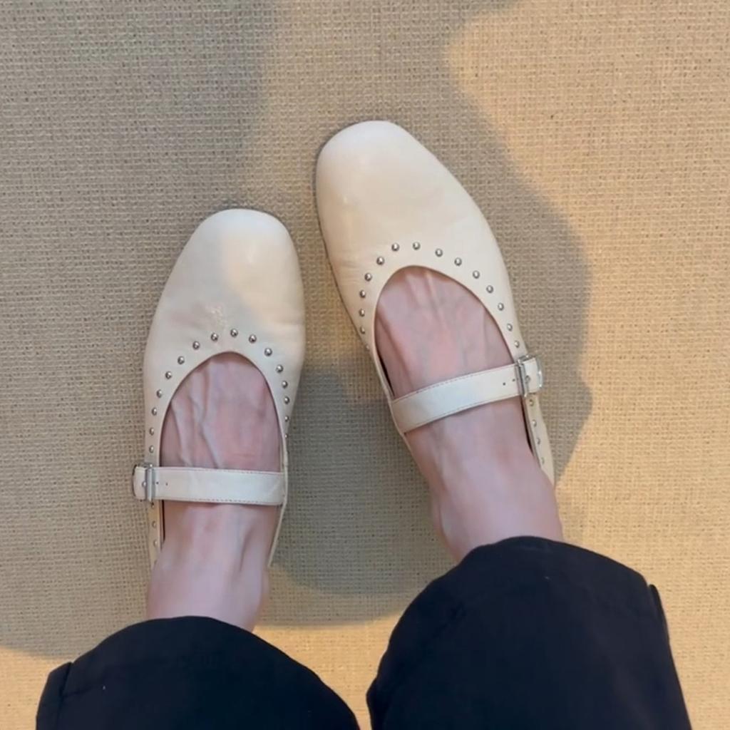 Sheepskin version~ retro leather round head shallow mouth Mary Jane shoes women's versatile flat bottom rivets one word with commuter shoes