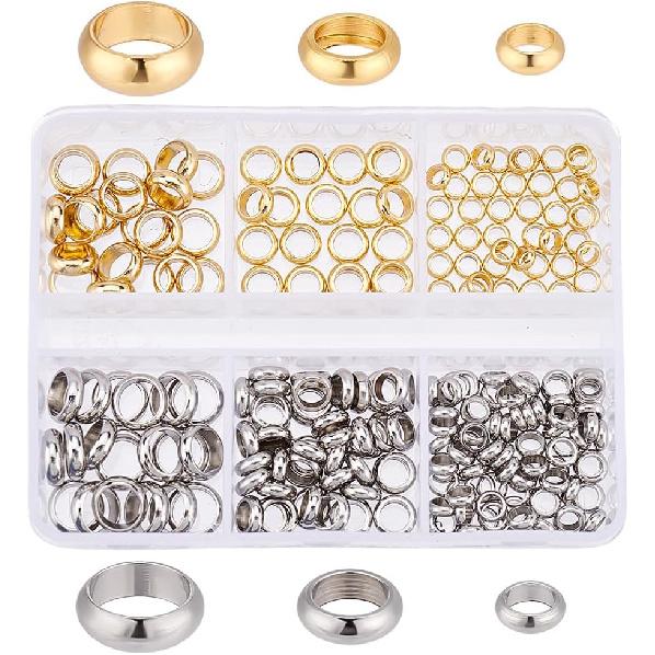 

PH PandaHall 220 шт 6 стилей 18K золотые разделительные бусины с большим отверстием из нержавеющей стали гладкие круглые разделительные бусины, плоские круглые бусины-пончики металлические бусины для