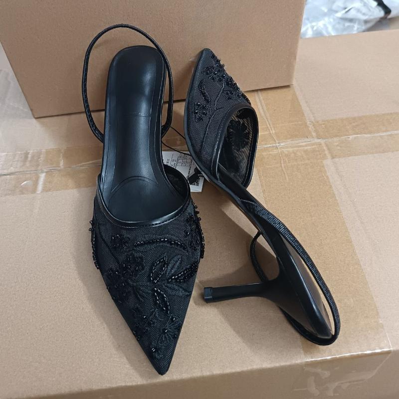 Fashion Brand Designer High Heels Women Wedding Shoes Pearl Embroider Flower Mesh Back Strap Summer Slingbacks Elegant Ladies Sandals