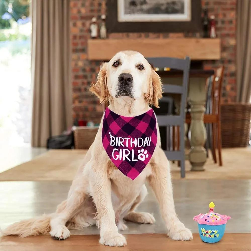 Dog Birthday Bandana, Dog Birthday Girl Plaid Bandana Triangle Scarf for Medium Large Dog Birthday Supplies