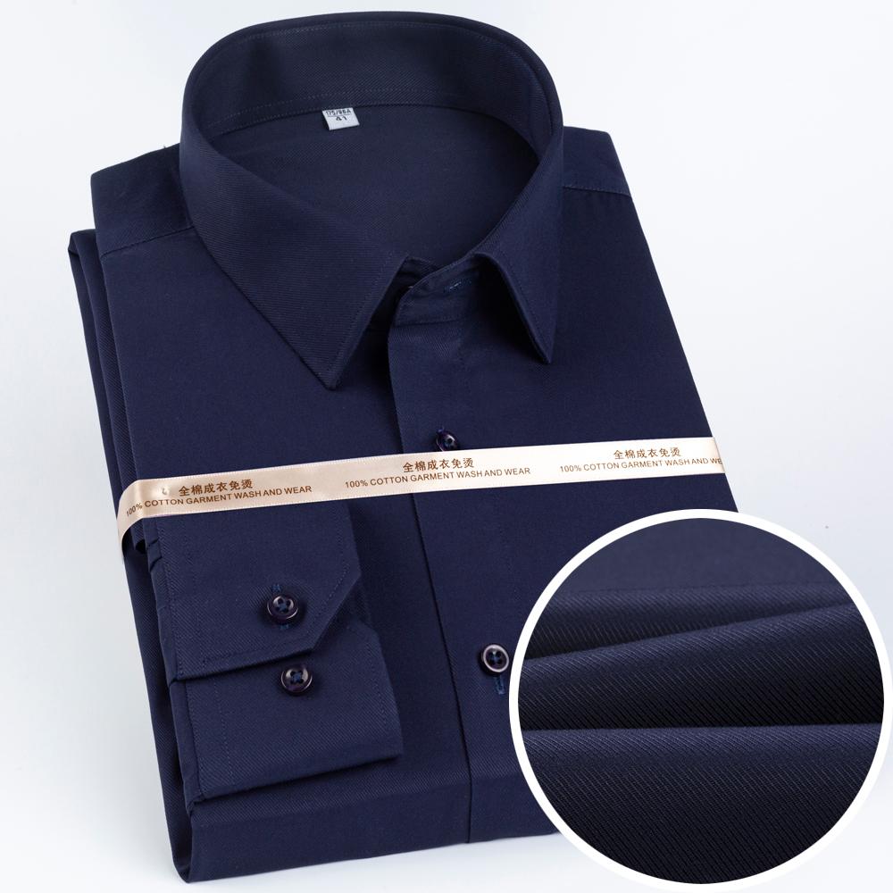 Men's Premium Non-Iron Pure Cotton Long Sleeve Formal Shirt with Spread Collar, No Pocket Plaid Striped for Business Casual Wear