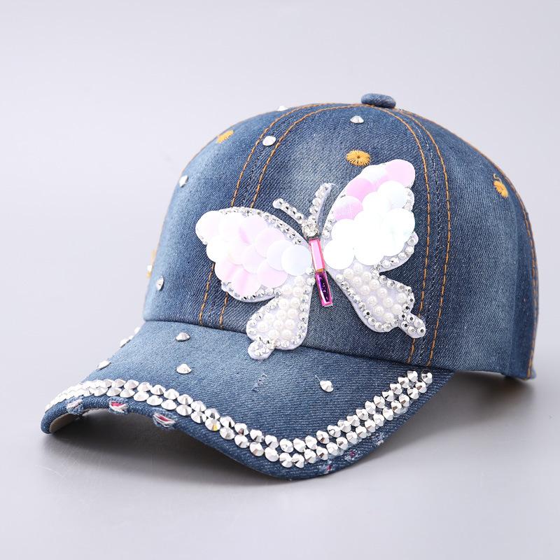 Neue Denim-Baseballkappe Damenmode farbige Diamanten Liebe Liebe Schmetterling Schirmmütze Spot