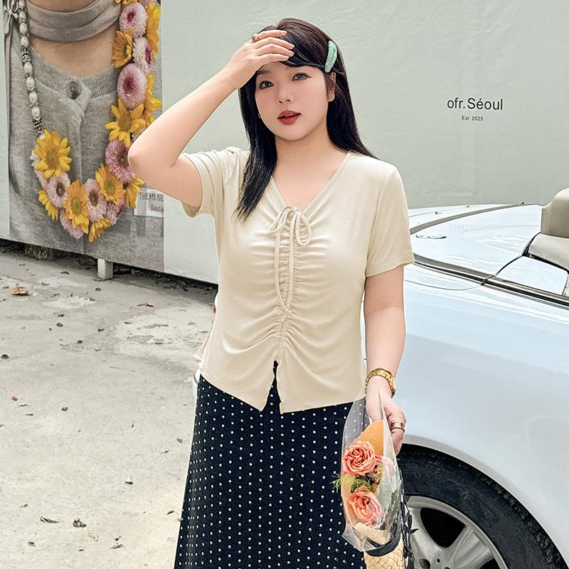Large Size Niche Design Drawstring T-shirt Women's Summer New Thin V-neck Pullover Top 232104