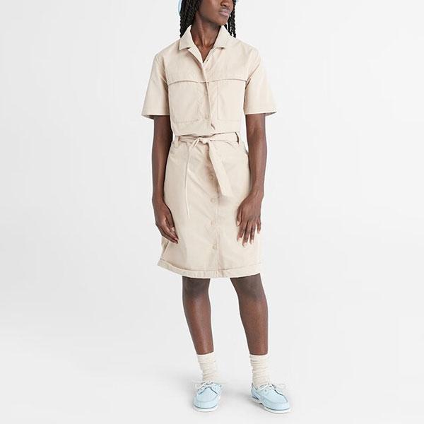 Timberland Solid Color Lace-Up Single-Breasted Outdoor Casual Work Waterproof Short Sleeve Dress Women Dress Light-Earth A6AEH-269