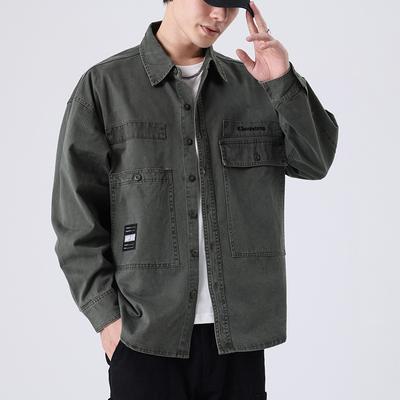 Heavy Retro Washed Men'S Long-Sleeved Shirt Loose Large Size Trendy Brand American Casual Tooling Shirt Jacket