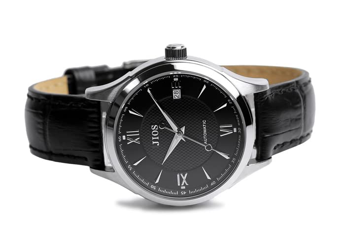 JIOS Automatik Made in mit Echtlederarmband und Saphirglas mit schwarzem Krokodilprägung Herrenuhr, Japan, (Schwarzes Armband)