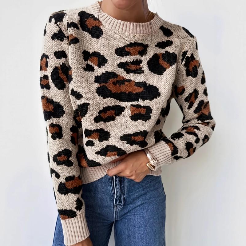 Winter Womens Leopard Jacquard Knit Crewneck Pullover Sweater