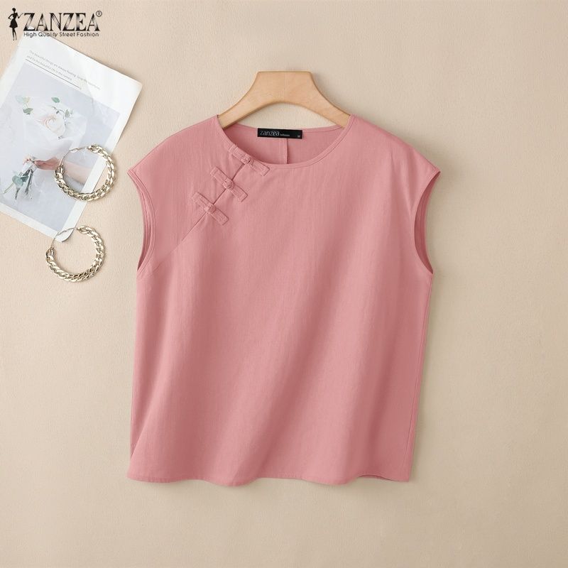 ZANZEA Women Casual Round Neck Solid Color Sleeveless Blouse