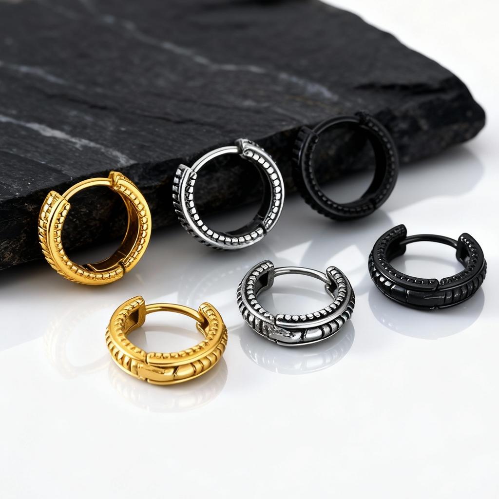 Ethnic Huggies Earring for Men Boys,Punk Stainless Steel Hoop Earring,Male Pierced Earring Jewelry Gift