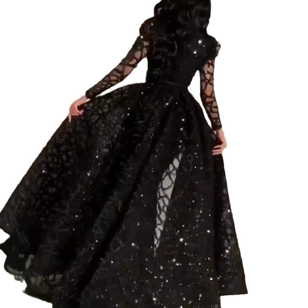 Spring Summer New European American Style Women's Long Sleeve Sequined Big Hem Evening Gown Formal Dress