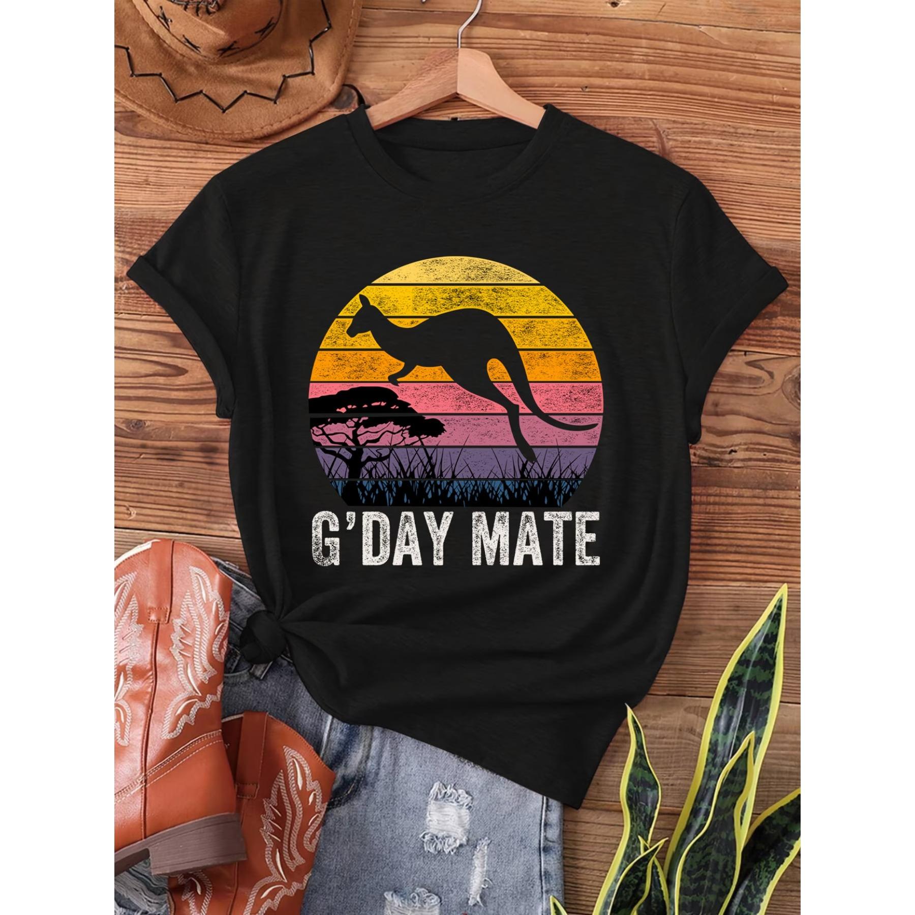 

Australia G Day Mate Print T-shirt, Short Sleeve Crew Neck Casual Top for Summer & Spring, Women s Clothing XXL чорний