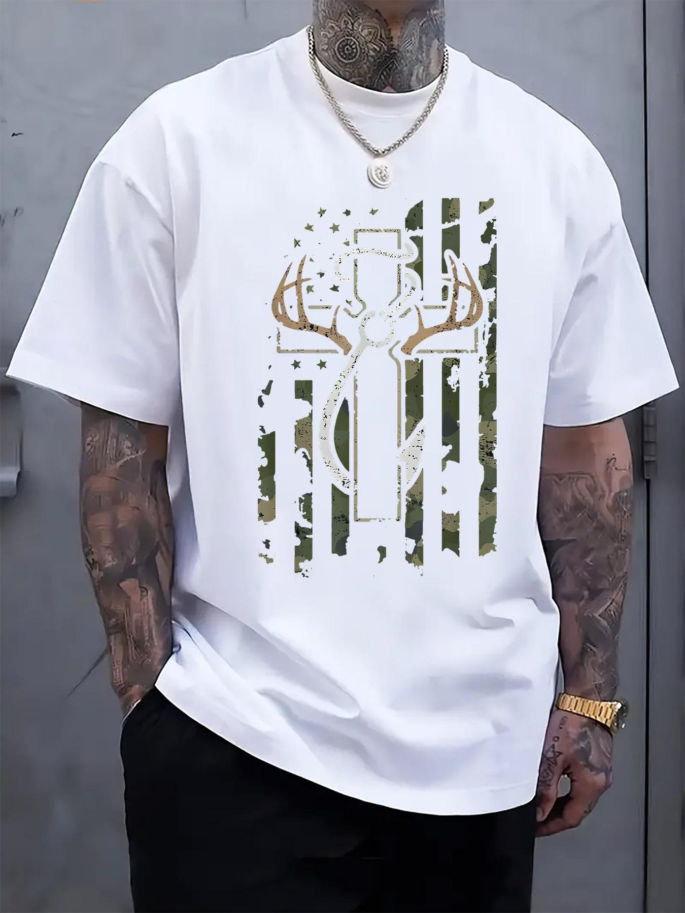 Casual Crew Neck T-shirt with Hunting Element Cross Print XXL
