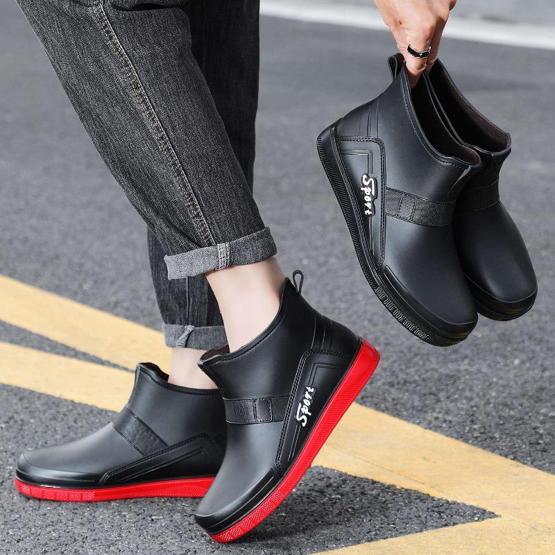 Four Seasons Men's Rain Shoes Black and Red Short Men's Wading Boots Fishing Boots Medium and Short Night Reflective Strip Fashion Rubber Shoes