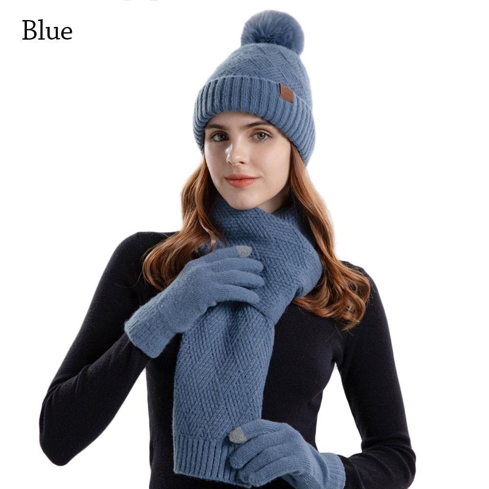 3Pcs/Set Neck Protection Knitted Hat Touchscreen Beanies Hat Winter Scarf Cap  Men Women