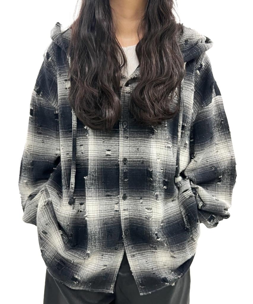 WEGO Figments Distressed Hooded Check Long Sleeve Size Black Shirt, Streetwear, Shirt, Gift, Women's, F,