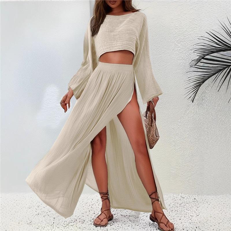 

Casual Vacation Style Linen Blended Short Blouse High Waist Chic Slit Cotton And Linen Casual Two Piece Suit L абрикосовий