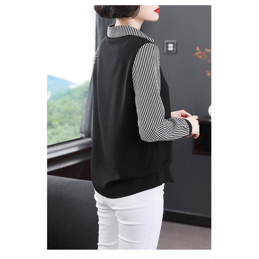 Western-style Mom Shirt New Age-reducing Middle-aged and Elderly Splicing Polo Collar Bottoming Shirt Long-sleeved Top for Women