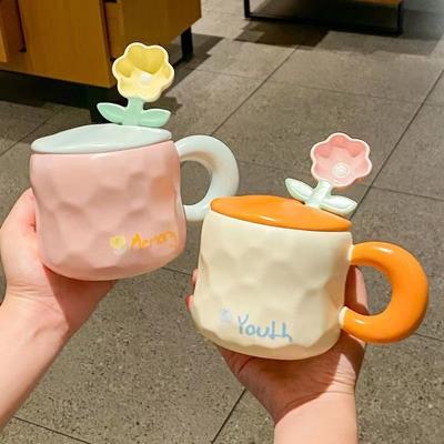 Milk Fufu Flower Drinking Cup High Value Cute Girl Ceramic Mug with Lid Spoon Office Coffee Cup