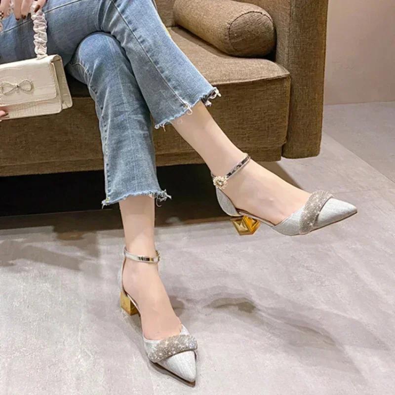 Rhinestones High Heels Women Pointed Rough Heel Sandals Summer Pumps Blue Gold Wedding Shoes Bride Office Womens Shoes Luxury