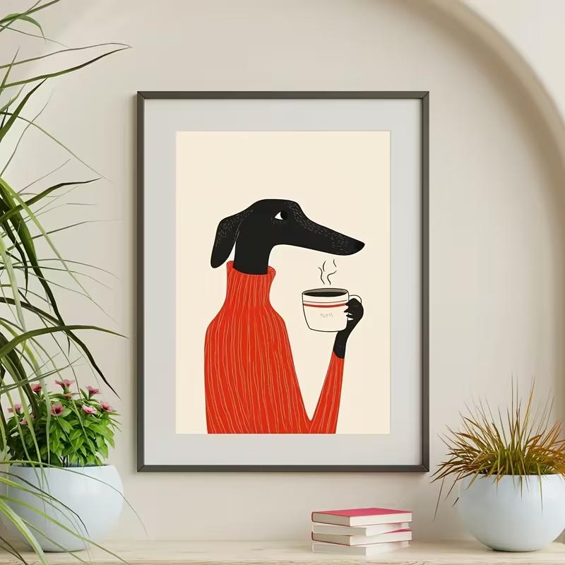Whimsical Greyhound Dog Drinking Coffee Wall Art Print - Modern Minimalist Canvas Poster, Frameless, Ideal for Living Room,