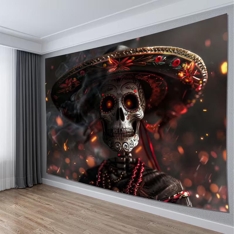 2D Dia De Los Muertos Tapestry, Mexican Sugar Skull & Bokeh Lights Wall Art for Home Decor