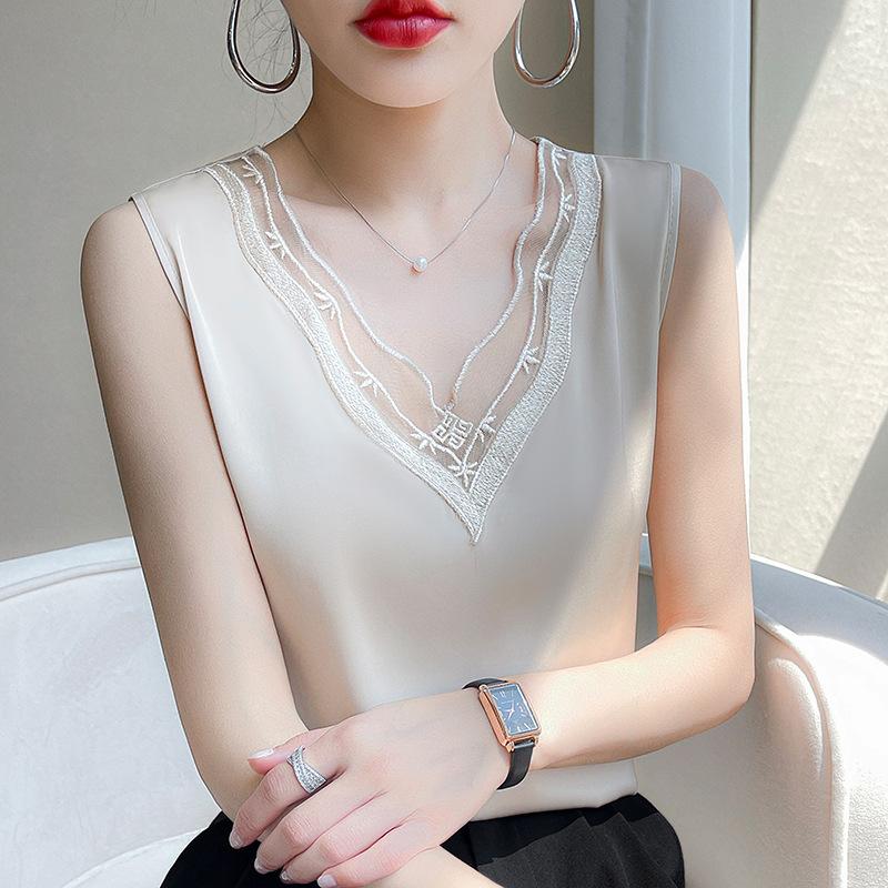 Saténová bezrukávová vesta na ramínka pro ženy Letní styl Krajka Móda Volné Základní tričko Top