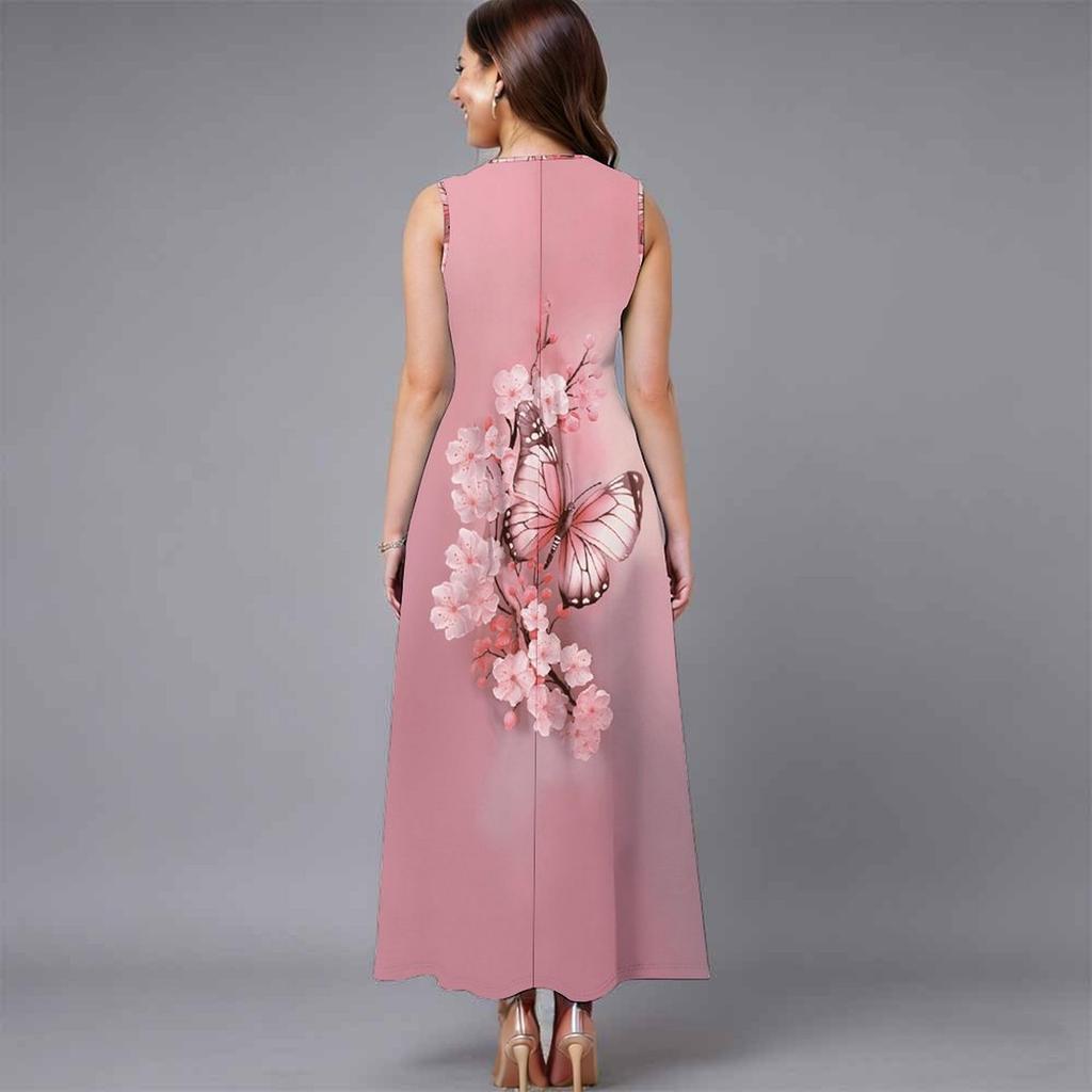 Ladies Oversized Sleeveless Crew Neck Dress Bright Mixed Tropical Foliage Flowy Calf Length Dress