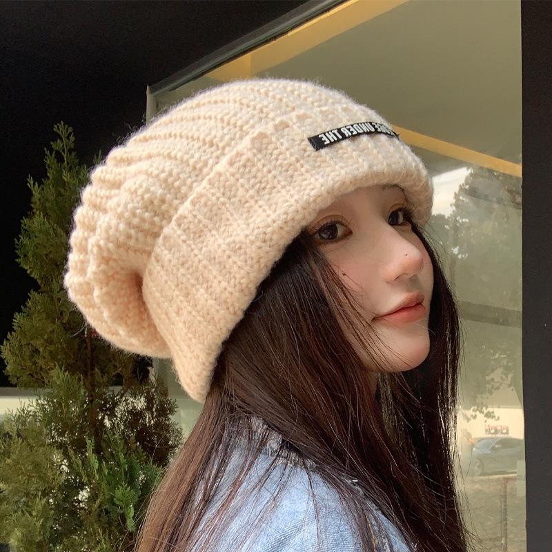 New Autumn and Winter Letter Knitted Big Hat Brim Big Head Circumference Warm Wool Hat for Women Versatile Ear Protection Students
