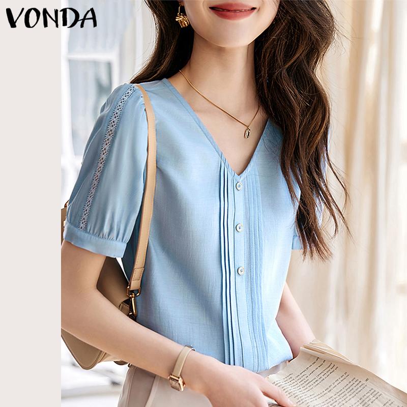 

VONDA женский летний свободный прямой топ с v-образным вырезом и короткими рукавами в полоску и пуговицами 4XL оранжевый