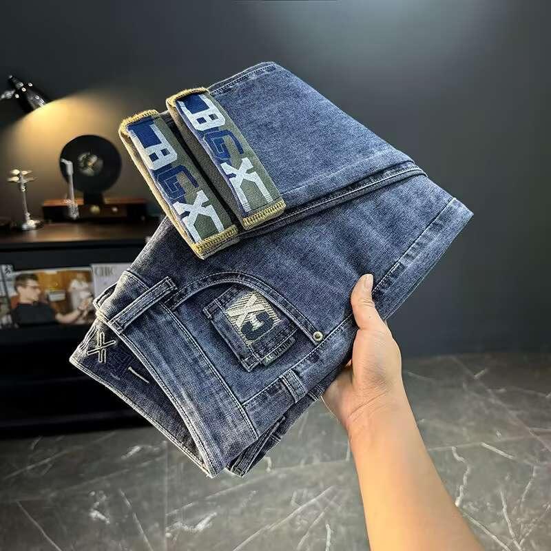 Four Seasons Men'S Plush Thick/Regular Fashion Brand Embroidered Printed Stretch Jeans Fashionable Multi Purpose, Smoked Grey Printed Nine Cent Pants