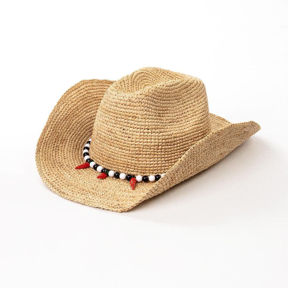 

European American Spring Summer Raffia Grass Sun Hat Fashion Jazz Chili Bead Chain Denim Style Beach Sun Protection Straw Hat L59cm