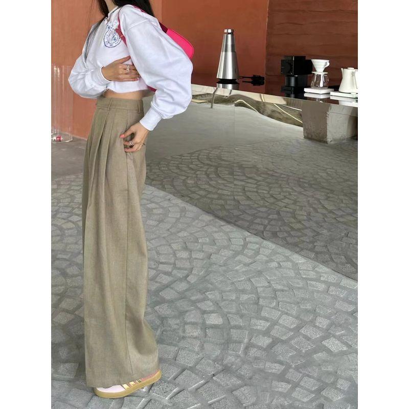 

European Station High Waist Loose Leisure Slimming Wide Leg Pants Khaki M