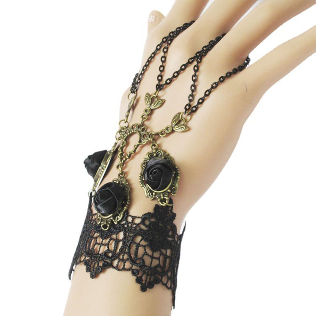 Gothic Steampunk Ruffled Lace Wrist Cuffs Fake Sleeve Crystals Gear Fingerless Gloves Halloween Arm Warmer Bracelet