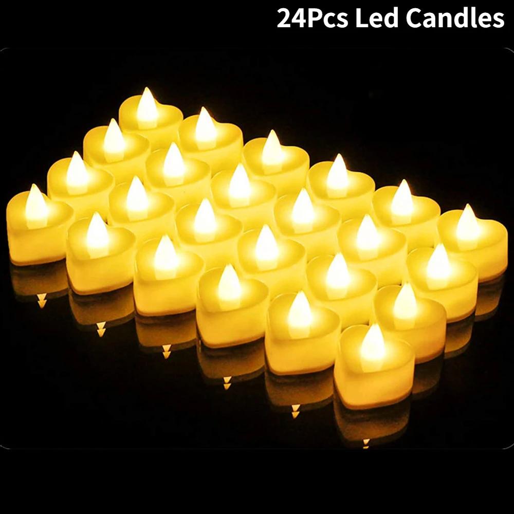 

24 шт. беспламенных светодиодных свечей для украшения дома, рождественской вечеринки, свадьбы, в форме сердца, электронные свечи на батарейках