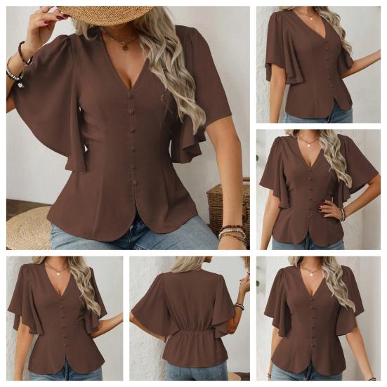Damskie Bluzki Dekolt V Krótki Rękaw Motylkowy Jednorzędowa Koszula Miękki Elastyczny Design w Pasie Casualowa Bluzka Na Imprezę Wakacje Biuro Randkę