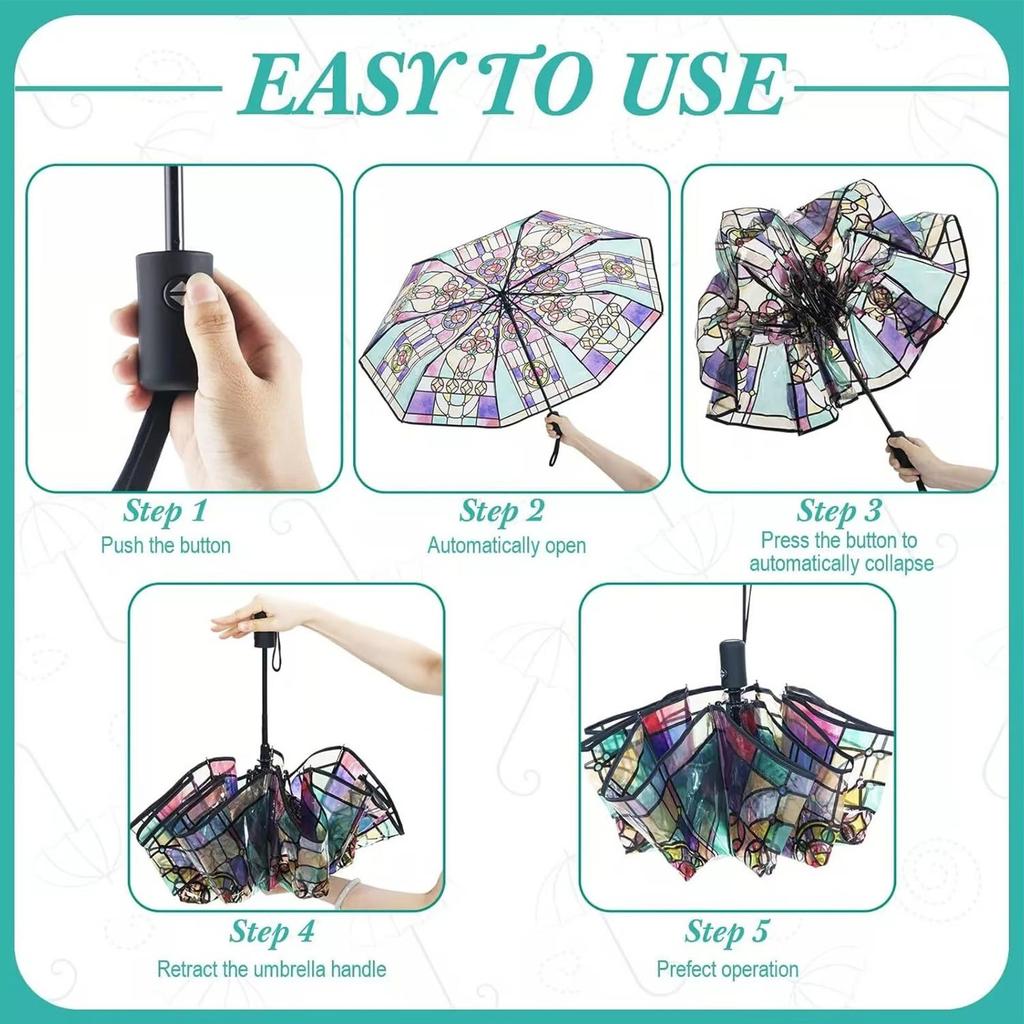 Portable Travel Umbrella Vintage Stained Glass Automatic Folding Umbrella Romantic Sunny Hand-Painted Clear Umbrellas