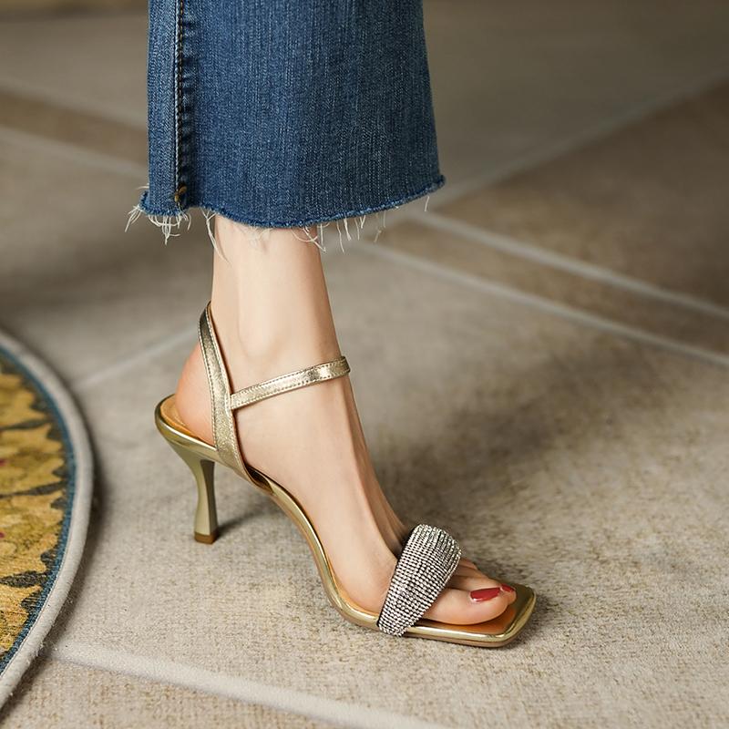 

Летняя женская обувь, женские сандалии на тонком каблуке с квадратным носком, однотонная обувь для вечеринок из коровьей кожи на высоком каблуке, женская обувь из решетчатой ​​ткани